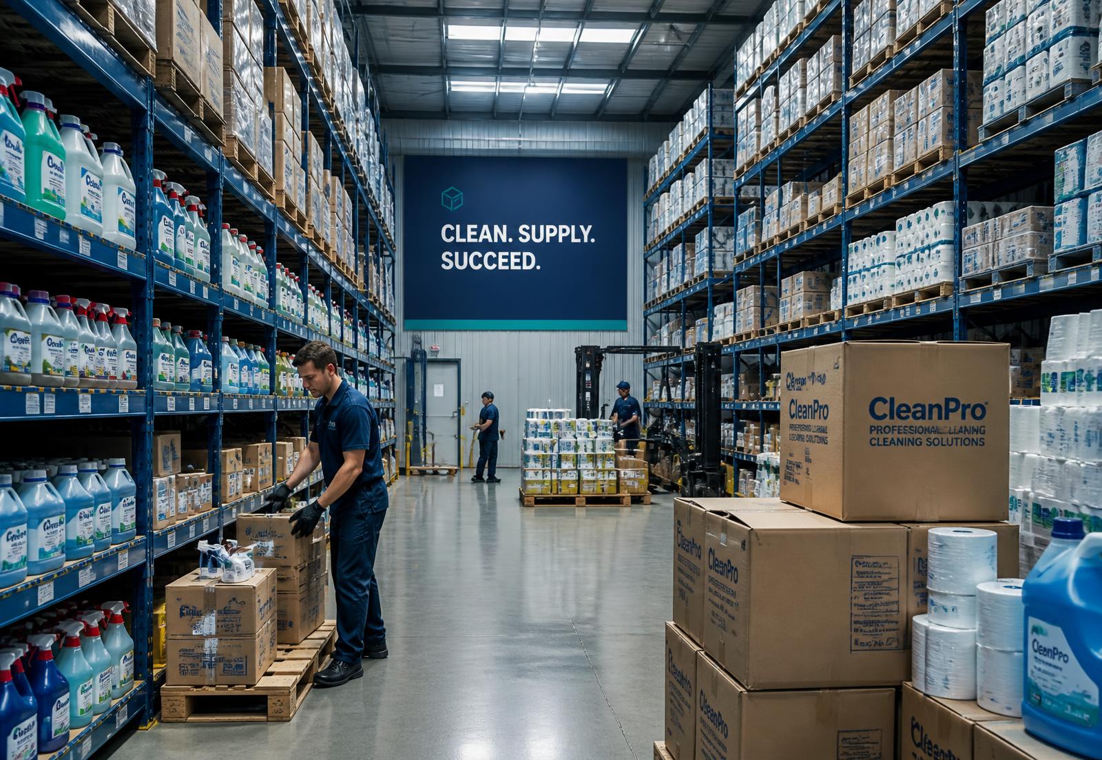 Centro de distribuição da G7 Distribuidora com produtos de limpeza, descartáveis e papelaria organizados em prateleiras