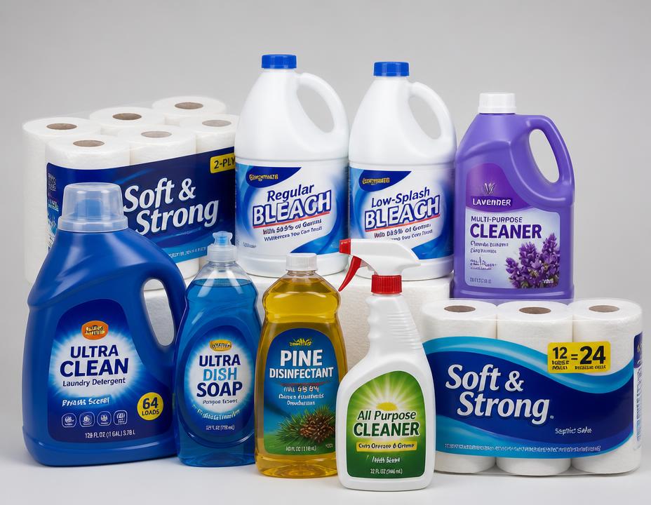 Produtos de limpeza no atacado: água sanitária, detergente, desinfetante, multiuso e papel higiênico