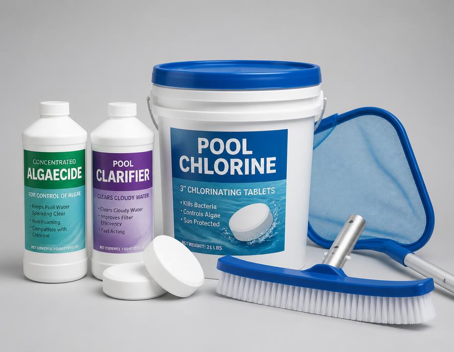 Produtos para piscina: cloro, algicida, clarificante, pastilhas e escova